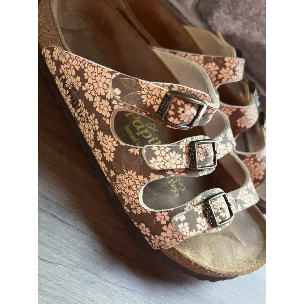 Birkenstock Papillio Florida Sandals Sz 38 7US 3 Strap Brown Floral Flower - Picture 3 of 11